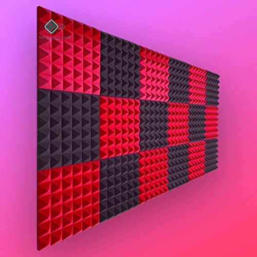 Image of YGM Acoustic Foams Pyramid Acoustic Panels 1 Footx1 Footx2inch Thick, 50 Density Acoustical Sound Proof Foam for Room, Studio, Echo Reduction & Noise Absorption (Black & Red, Set of 12)