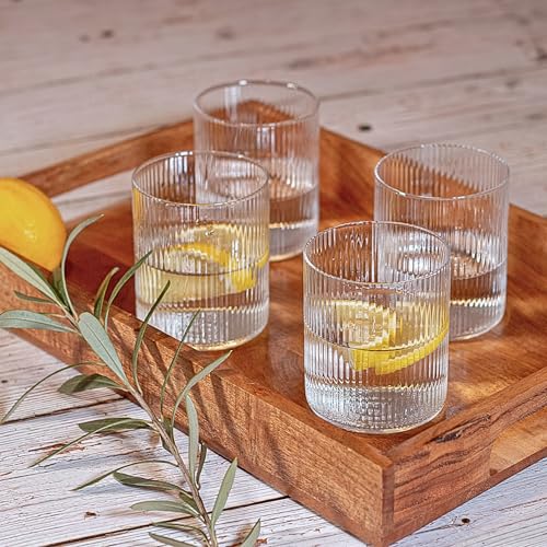 Happy Home Geriffelte Gläser | Trinkgläser Set 4 Stück | Mundgeblasen & Handgefertigt | Wassergläser 280 ml | Ripple Glas | Matcha Gläser aus klarem Glas | Gläser Set spülmaschinenfest