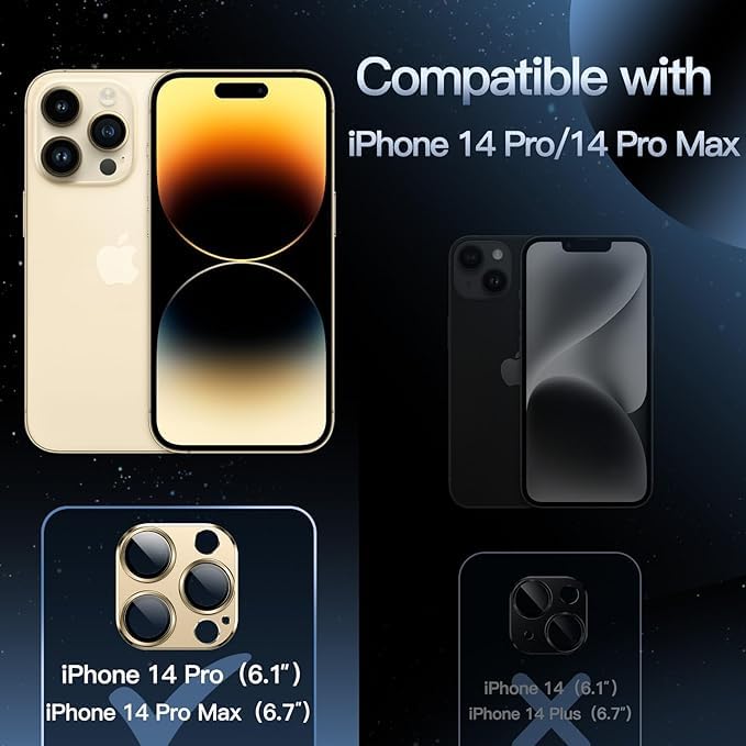 Image of Camera Lens Protector for iPhone 14 Pro 6.1-Inch & iPhone 14 Pro Max 6.7-Inch, Full Coverage 9H Tempered Glass Ring Cover, Matte Metal Plate, Case Friendly (Gold)