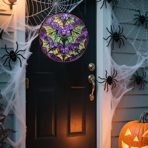 Image of Stained Glass Window Hanging - Halloween Decorations Bats Suncatcher for Doors Garden Indoor Spooky Funny Purple Sun Catchers Gothic Decor Horror Gifts for Women Men Friend 15 in