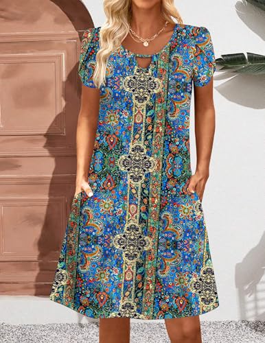 Image of Zeagoo Women's Casual A-Line Dresses with Pockets Summer Floral Tshirt Dress Short Sleeve Mini Dress Flowy Sundresses