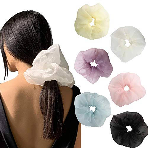 Organza Over Sized Hair Scrunchies - 6PCS Elastic Hair Scrunchies Bobble Hair Ties Colorful Hairbands for Women Ponytail Holder (Organza-Solid color)