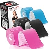 Starktape Kinesiology Tape Pro Athletic KT Elastic Sports Rock, 3 Rolls Precut Strips, Latex-Free, Elastic Support for Ankles, Knees, Wrists Running Tennis Swimming Football Soccer, Black Blue Pink