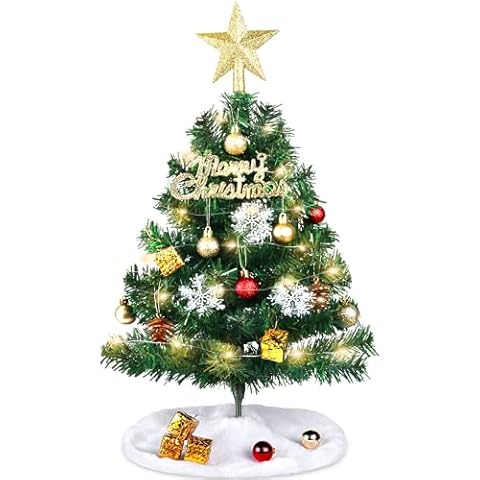 EverMerry 24 Inch Table Top Mini Christmas Tree Set, Christmas Table Decor with Warm-White LED Lights, Star Topper, Gift Boxes Ornaments & Hanging Ornaments, Small Christmas Tree with Lights Cover