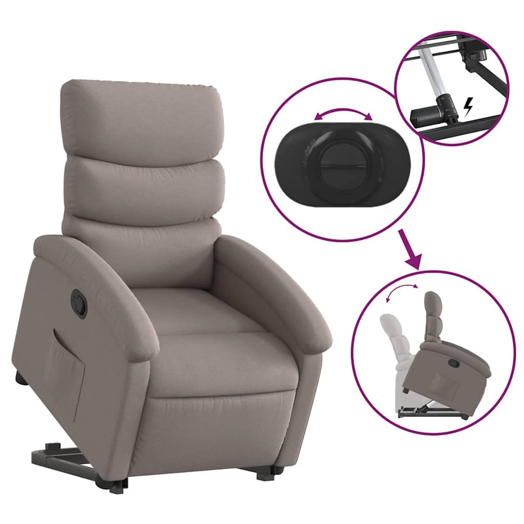 Sillón elevador reclinable de tela, con motor eléctrico y función de elevación manual para máxima comodidad y soporte postural