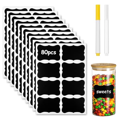DiULi Étiquettes Autocollantes pour Bocaux, 80PCS Étiquettes Ardoise Réutilisables et Imperméables, Set avec 2 Marqueurs, pour Organisation Cuisine,Pots à...