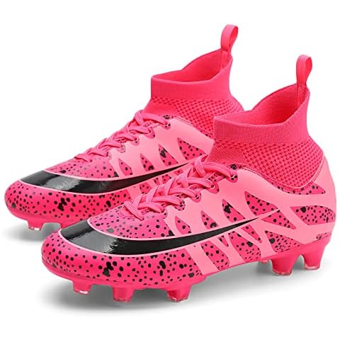 Football Boots Mens High-Top Spikes Cleats Soccer Shoes Kids Professional Football Shoes Outdoor Athletic Competition Training Sneakers Rose Red Cover