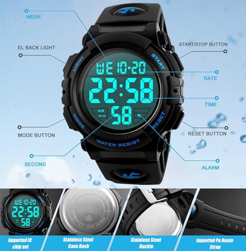 UEOTO Herren Digital Armbanduhr mit Schwarz Silikon Armband Uhr Wasserdicht 5 ATM Digitaluhr Sportuhren mit Wecker/Alarm/Kalender/Stoppuhr/Leuchtend Digital Armbanduhren für Herren