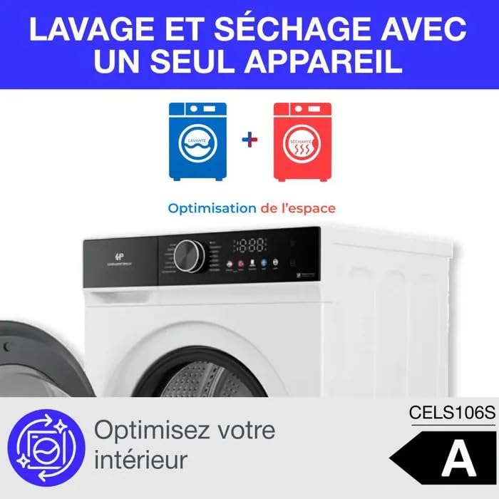 Lave-linge séchant - CONTINENTAL EDISON - CELS106W - 10kg / 6kg - Moteur induction directe - 60 cm - 1200 trs/min - Blanc