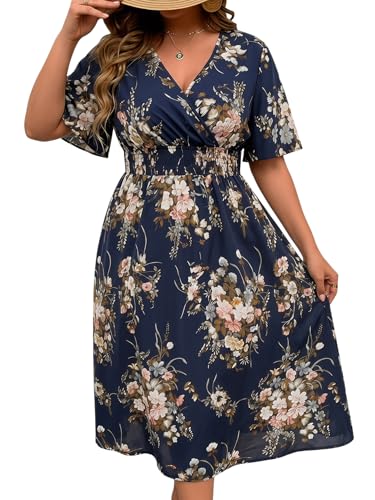 Image of Floerns Women's Plus Size Boho Hawaiian Tropical Dresses V Neck Short Sleeve Floral A Line Long Dress Vacation Beach Outfits