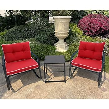 Alternative view of BAIJIAWEI B 3PCS Set Rattan Wicker Rocking Chair - Bistro Furniture Set with Coffee Table, Garden Patio Yard Porch Balcony Furniture All- Weather Wicker Rocker Chair with Cushions