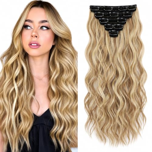 Image of Salon-Grade HONEY BLONDE Curly /Wavy Clip-in Extensions - 6PCS Synthetic Hair Volumizer with 13 Secure Clips for Instant Volume & Realistic Blend