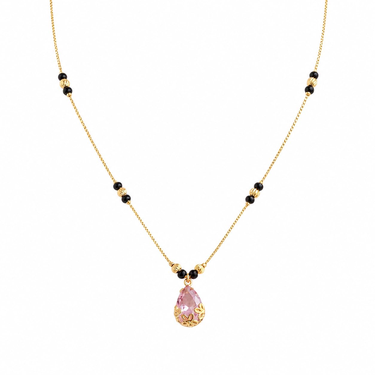 AARIKAA Daily Wear Mangalsutra Necklace, Gold Plated, Black Beaded Chain with Red Stone Teardrop Pendant, CZ Accents, 45.72 cm-image-8