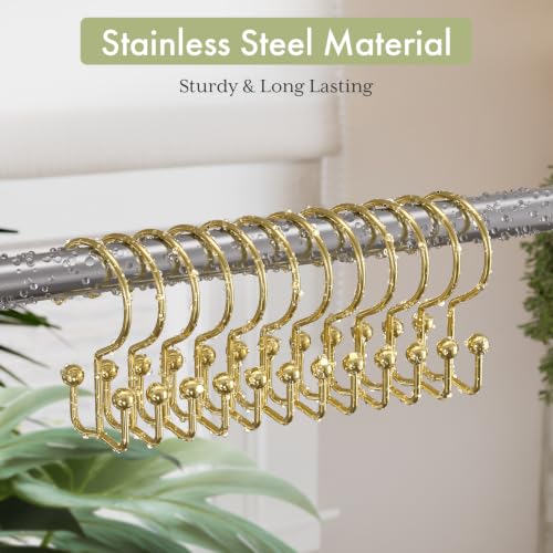 Image of Amazer Shower Curtain Hooks Gold Shower Curtain Rings, Double Shower Curtain Hooks Rust Proof Stainless Steel Shower Curain Hangers 12Pcs, Shower Hooks for Bathroom Shower Curtain Rod