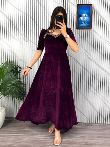 Image of Women Velvet Gown, Full Length, Puff Sleeves, Embellished Neckline, Wedding & Festive Occasion