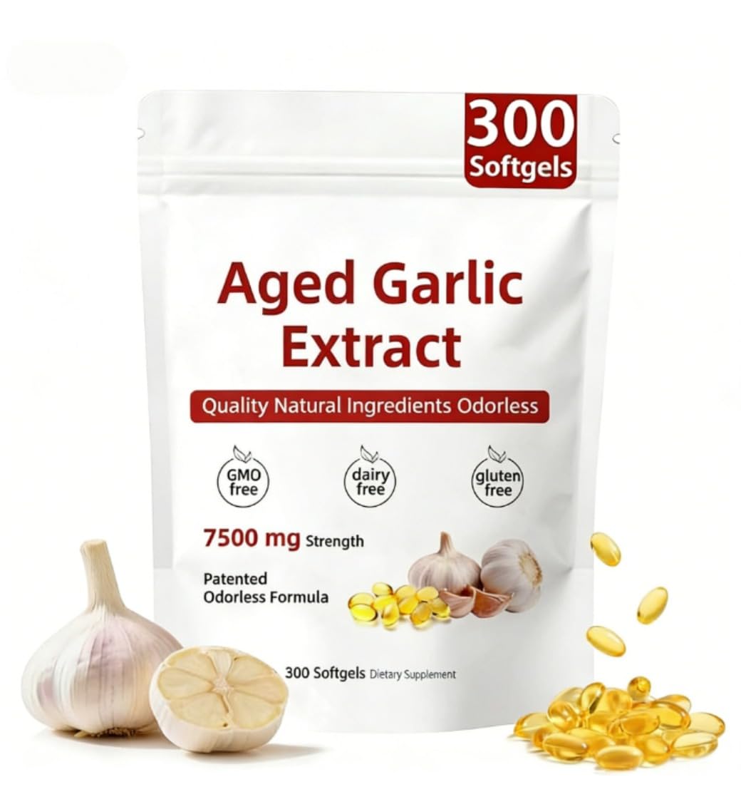 Aged Garlic Extract,300 Count 7500mg Odorless Organic Garlic Capsules for Heart & Immune Antioxidant Supplements, All-Natural, Non-GMO,Gluten-Free,2-Year Matured for Antioxidant Wellness