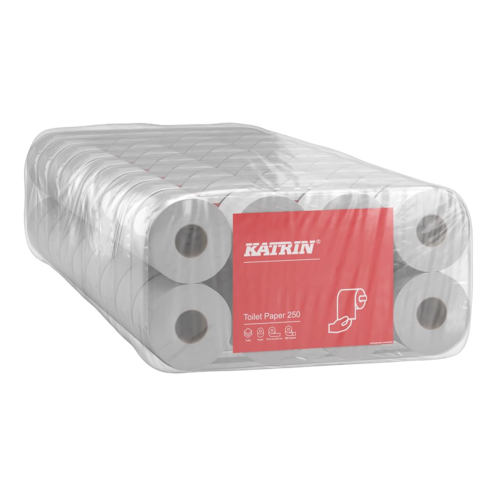72 rollos de papel higiénico Katrin Toilet | 3 capas | 250 hojas cada uno | perforado | especialmente suave y agradable | Contenido del paquete: 9 x 8 = 72 rollos en bolsa de plástico #11841-Katrin.