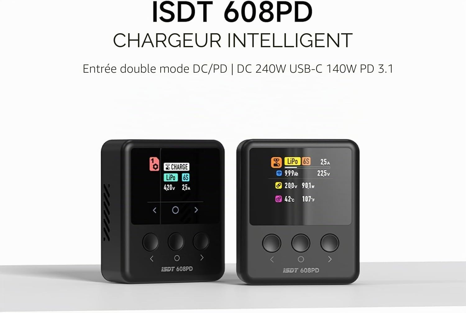 Chargeur de Batterie ISDT 608PD Lipo DC 6S/240W/10A USB C 100W/5A pour Batteries RC Chargeur d'équilibrage pour Batteries Life/Lilon/LiPo/LiHV (1-6S), NiMH (1-16S), Pb (1-12S)
