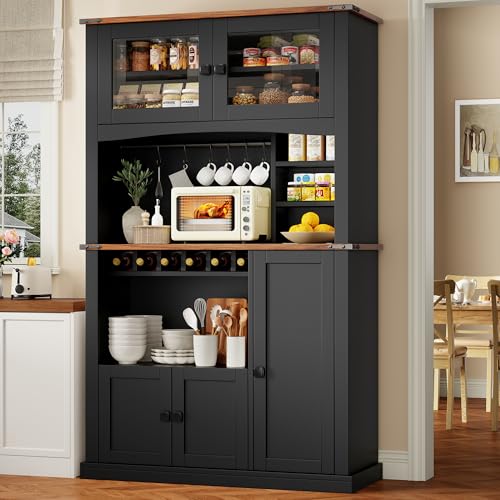 Einhomn 71 Tall Kitchen Pantry Cabinet with Charge Station 3 Adjustable Shelves Wine Rack and Glass Door Kitchen Hutch for Dining Room Kitchen and Living Room Black