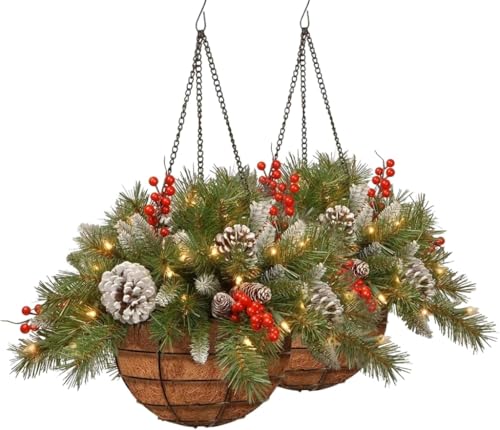 Pre Lit Artificial Christmas Hanging Basket with Pine Cones and