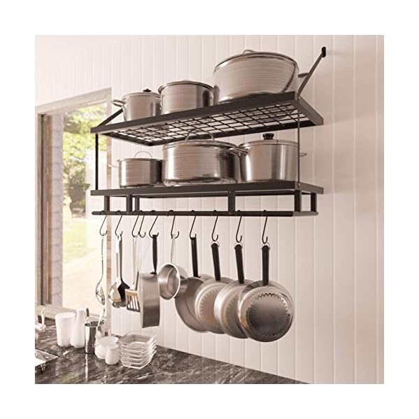 Kitchen 30 Inches Wall Mounted Pot Pan Rack Wall with 12 Hooks 2 Tiers, Matte Black KUR215S75B-BK
