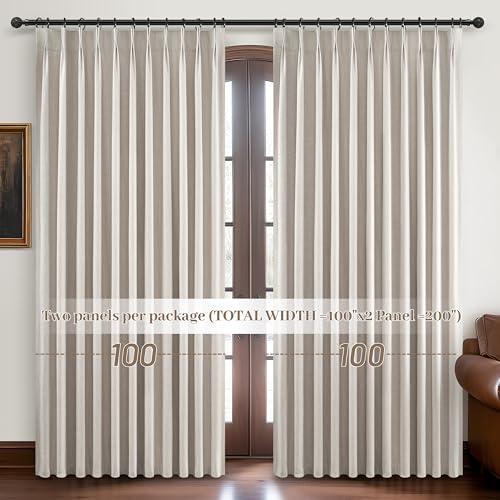 Image of Curtains 100 Inch Length Extra Wide Pinch Pleated Blackout for Sliding Glass Door /Living Room, Farmhouse Natural Linen Thick Boho Bedroom Heavy Duty Insulated Large Window Drapes (100 inchWx92 inchLx2Panels)
