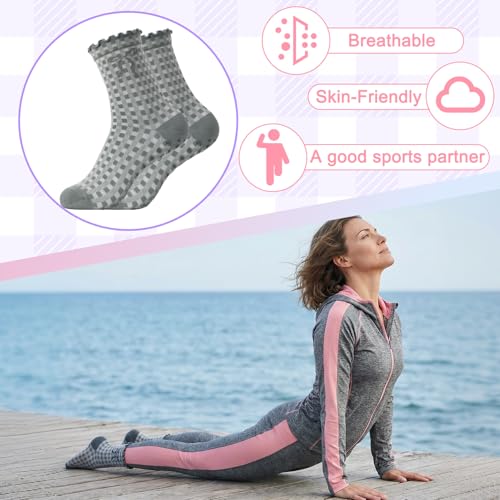 Image of 4 Pairs Women Cute Pilates Socks Non Slip Ruffle Yoga Socks for Women Dance Gym Exercise Embroidery Pattern