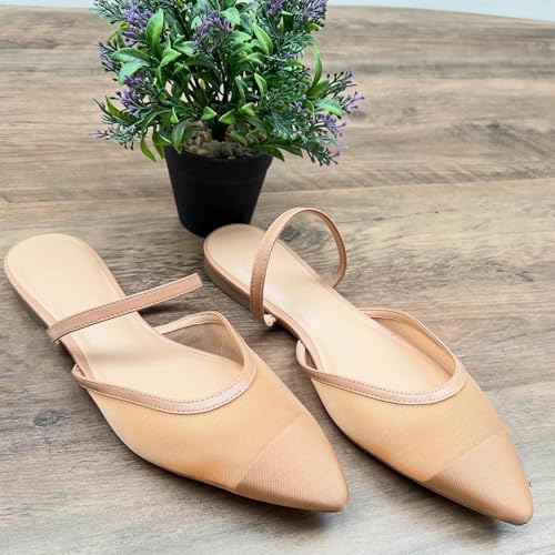 Image of Mesh Mules for Women Comfy Raffia Woven Strap Closed Pointed Toe Mule Flats Casual Slip on Dress Slides Flats
