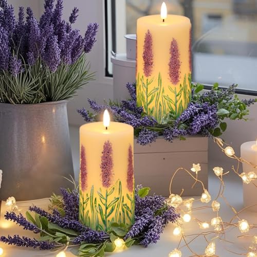 Image of Eldnacele Lavender Flameless Candles with 6 Hour Timer, Battery Operated Hand Painted 3D Wick Flickering Real Wax LED Pillar Candles for Spring Dinner Christmas Holiday Decor((2Pcs, D3xH6.5)