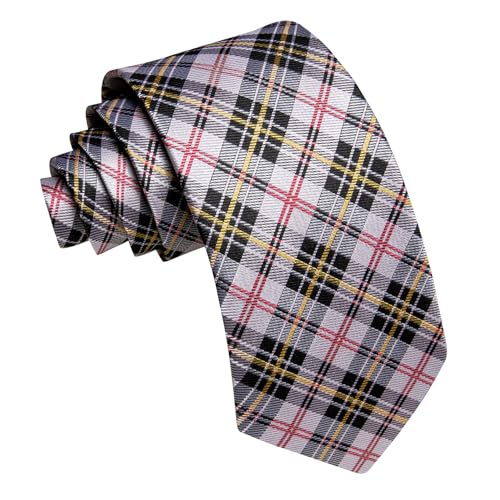 Image of Barry.Wang Plaid Ties Mens Silk Necktie and Tie Clip Checkered Tie for Wedding Party Business Formal