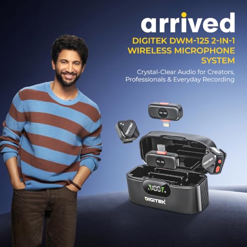 Image of Digitek DWM-125 2-in-1 Wireless Microphone with Charging Case for iPhone 15 Series & USB-C Android Devices, Dual Transmitters, 2.4GHz Wireless, Noise Reduction, 30m Range, 6H Battery Life, Plug & Play
