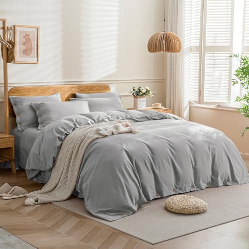 Image of JELLYMONI Cotton Duvet Cover Cal King Size - Light Gray Comforter Cover with Button 100% Washed Cotton 3PCS Breathable Soft Solid Bedding Set Duvet Cover 104x98in & 2 Pillowcases (NO Comforter)