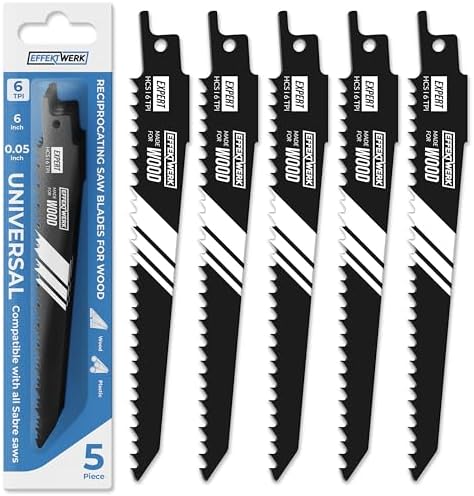 E•Werk - Reciprocating Saw Blades for Wood - 5 Pieces - High Carbon Steel (HCS) Sabre Sawblades for Wood & Plastic Cutting - Superior Strength, Wear Resistance & Durability - 6 TPI (Teeth per Inch)