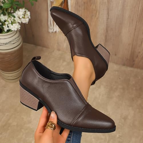 Women's Ankle Boots Low Heels Chunky Booties Fashion Dressy Ankle Booties for Women Classic Pointed Toe Leather Pumps Boots Solid Color Slip On Work Office Block Heeled Dress Shoes 5