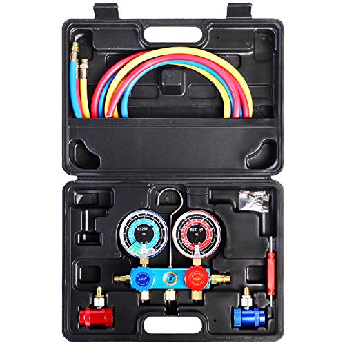 YSTOOL 3 Way AC Manifold Diagnostic Gauge Air Conditioner R1234yf Refrigerant Charging Set with 5FT Hose Quick Couplers Valve Core Tool Kit