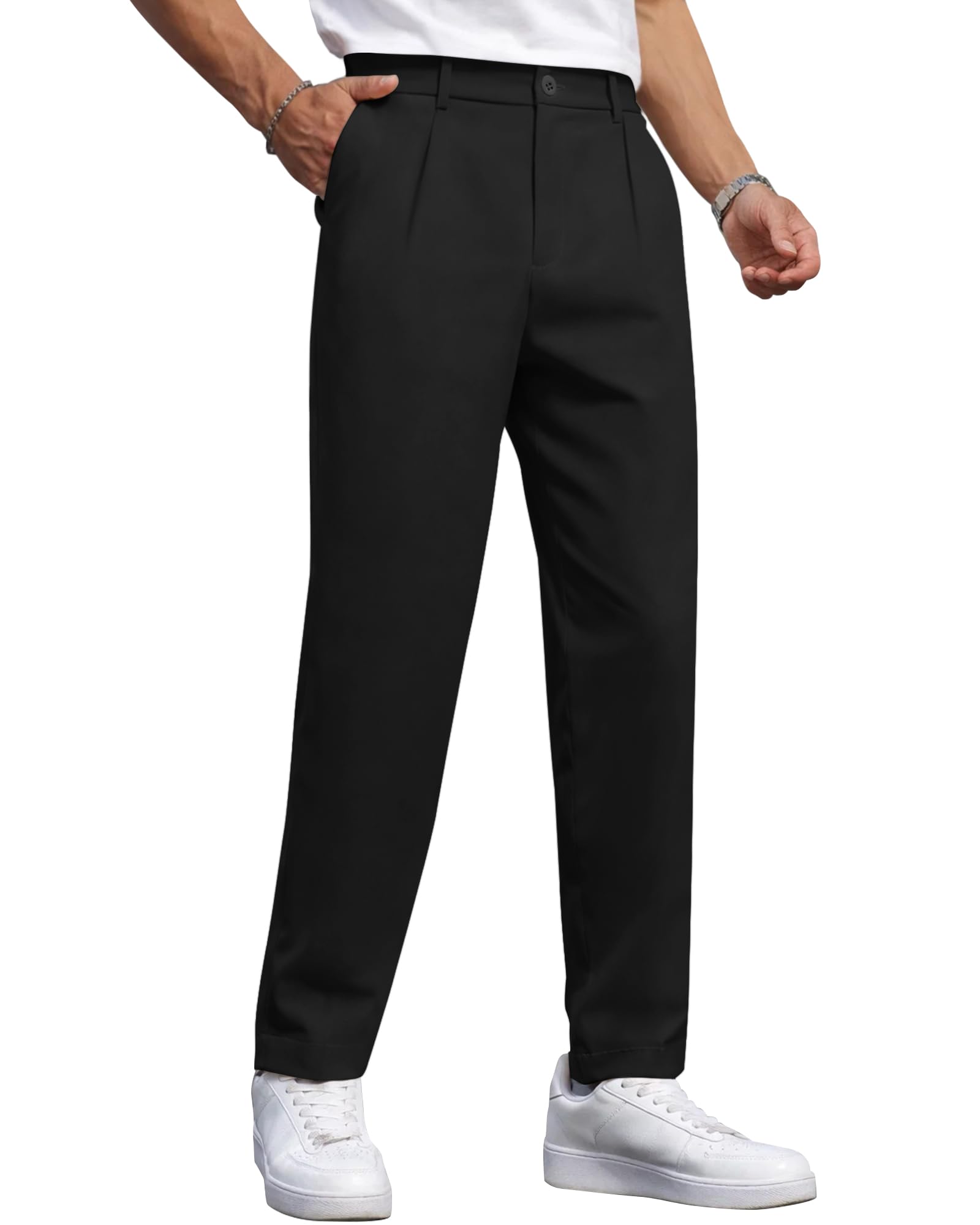 Mens Slim Fit Stretch Dress Pants Casual Pleated Tapered Trousers with Expandable Waist