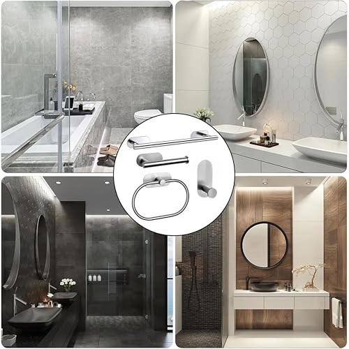 Image of JIALTO Bathroom Towel Holder | 4 Pcs Wall Mounted Bathroom Clothes Hanger with Adhesive Hooks | Towel Rod | Tissue Paper Holder | Bathroom Fittings Rod & Towel Stand (Silver, 4 - Pieces Set)