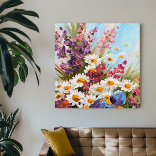 Image of PAINTINGMANTRA White Sunflowers Floral Canvas Wall Art Painting for wall decoration, Multicolour MultiFlowers Stretched Canvas Painting for living room, bedroom, Home and Office, 22x22 Inch