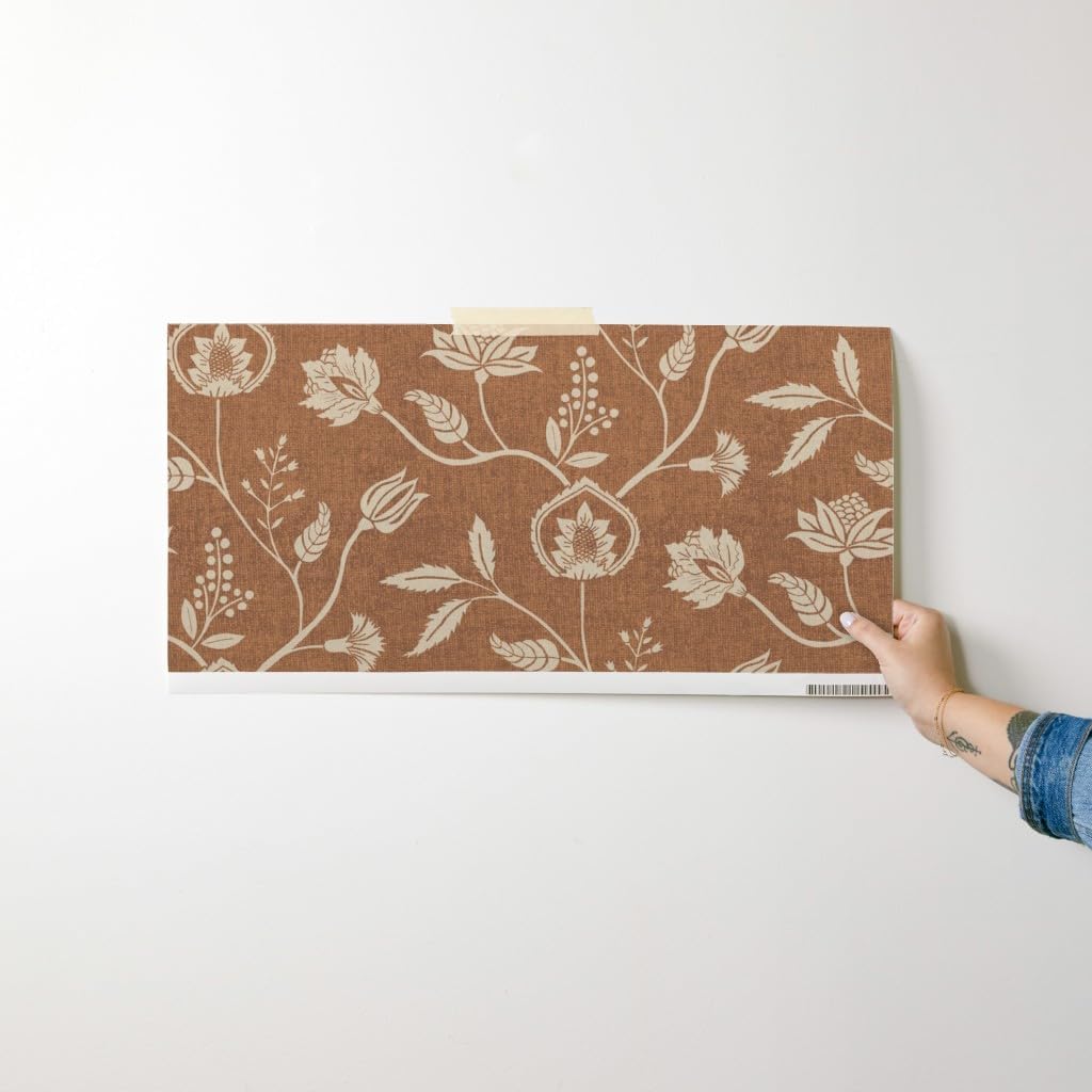 Peel & Stick Wallpaper Swatch - Chintz Floral Block Print Earth Tone Terra Cotta Rust Traditional Large Scale Rustic Farmhouse Warm Custom Removable Wallpaper by Spoonflower