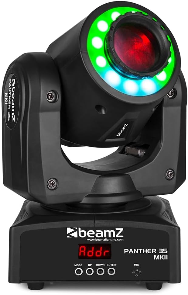 beamz Panther 35 LED Moving Head Spot DMX Moving Head Light with RGB Halo Ring, 7 Colour Wheel, 7 Gobos, Sound Activated DJ Stage Lighting for Clubs, Bars and Events