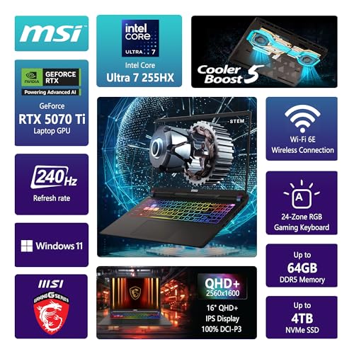 Image of msi Vector 16 HX AI Gaming Laptop | 16 inch QHD+ IPS 240Hz | Intel Core Ultra 7 255HX | 64GB DDR5 2TB SSD | GeForce RTX 5070 Ti (Up to 992 AI Tops) | RGB Backlit Thunderbolt 5 Win11 Pro w /DLCA Accessory