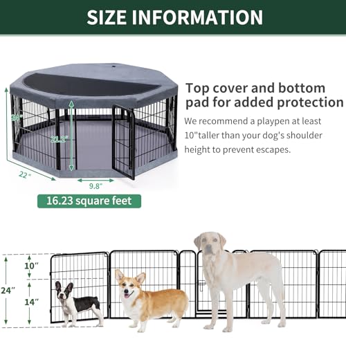 Image of PETIME Dog Playpen,Metal Exercise Puppy Pen Heavy Duty Kennels Yard Fence Indoor /Outdoor 22 inch W x 24 inch H 8 Panels Dog Cage with Octagon Top Cover and Bottom Pad