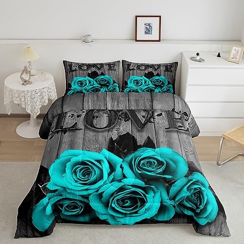 Turquoise Grey Bedding Set Teal Rose Flowers Comforter Set King For Girls Men Women Valentine'S Day Wedding Comforter Gifts For Couple Lover,Country Rose Floral Quilt Duvet Insert 2 Pillow Cases