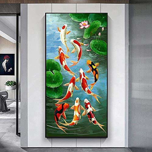 LIANGX Koi Fish Canvas Painting Red Koi Fish Landscape Pictures Feng Shui Poster Wall Art Print Bedroom Living Room No Frame (40 x 80 cm)