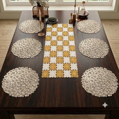 Image of Dakshya Industries Dining Table Mats Round PVC Set | 6 Waterproof Placemats (38 x 38 cm) + 1 Table Runner (91 x 33 cm) | Heat Resistant, Kitchen Decor (Elitevia)
