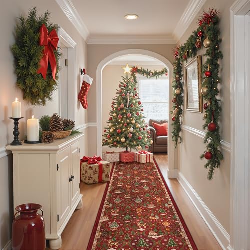 Madane Christmas Runner Rugs for Hallway 2x10 Long, Washable Non-Slip Red Hallway Rug Low-Pile Stair Kitchen Runner Soft Holiday Decor Throw Carpet for Entrance Living Dining Laundry Room