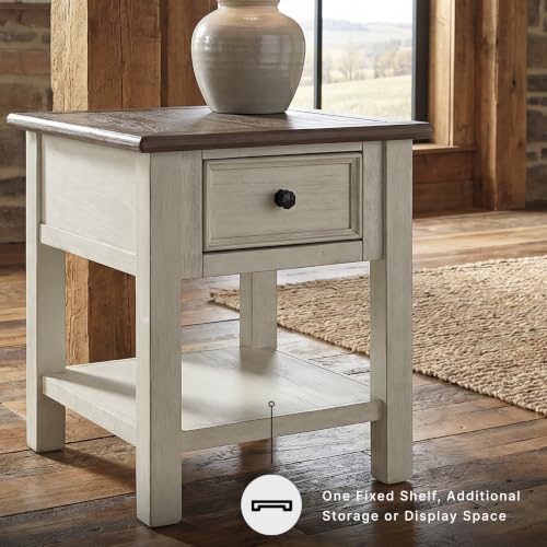 Image of Signature Design by Ashley Bolanburg End Table for Living Room, Two-Tone Distressed Wood Side Table with Smooth-Gliding Drawer, Farmhouse Plank-Style Top, Ideal Night Stand Use, Antique White /Oak