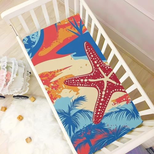 Image of Crib Sheet Breathable Soft Crib Mattress Sheet for Baby Toddler Boys Girls Fitted Crib Sheet Fit Standard Crib Mattress 52 x 28 Inch Bright Summer Beach Starfish