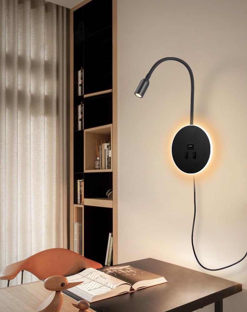 Applique murale LED,Col de Cygne Lumière, liseuse de chevet avec interrupteur, port de charge USB, éclairage d'ambiance de chambre à coucher Spot réglable (3W 3000K+8W 6000K) avec prise,Noir