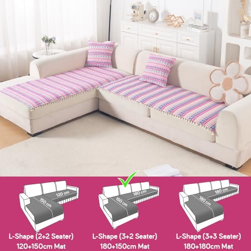Image of HOKIPO L Shape (3+2 Seater) Sofa Cover Seat Mat | 300 GSM Cotton Acrylic Jacquard Fabric with Tassel, 'Trivana Series' Periwinkle Blue (IN-936+935-J5)